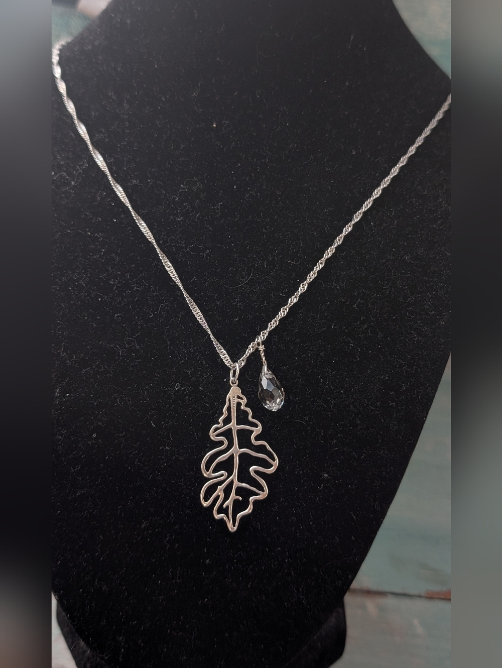 Silver Leaf Pendant Necklace with Clear Crystal‎ Teardrop Stamped 925
